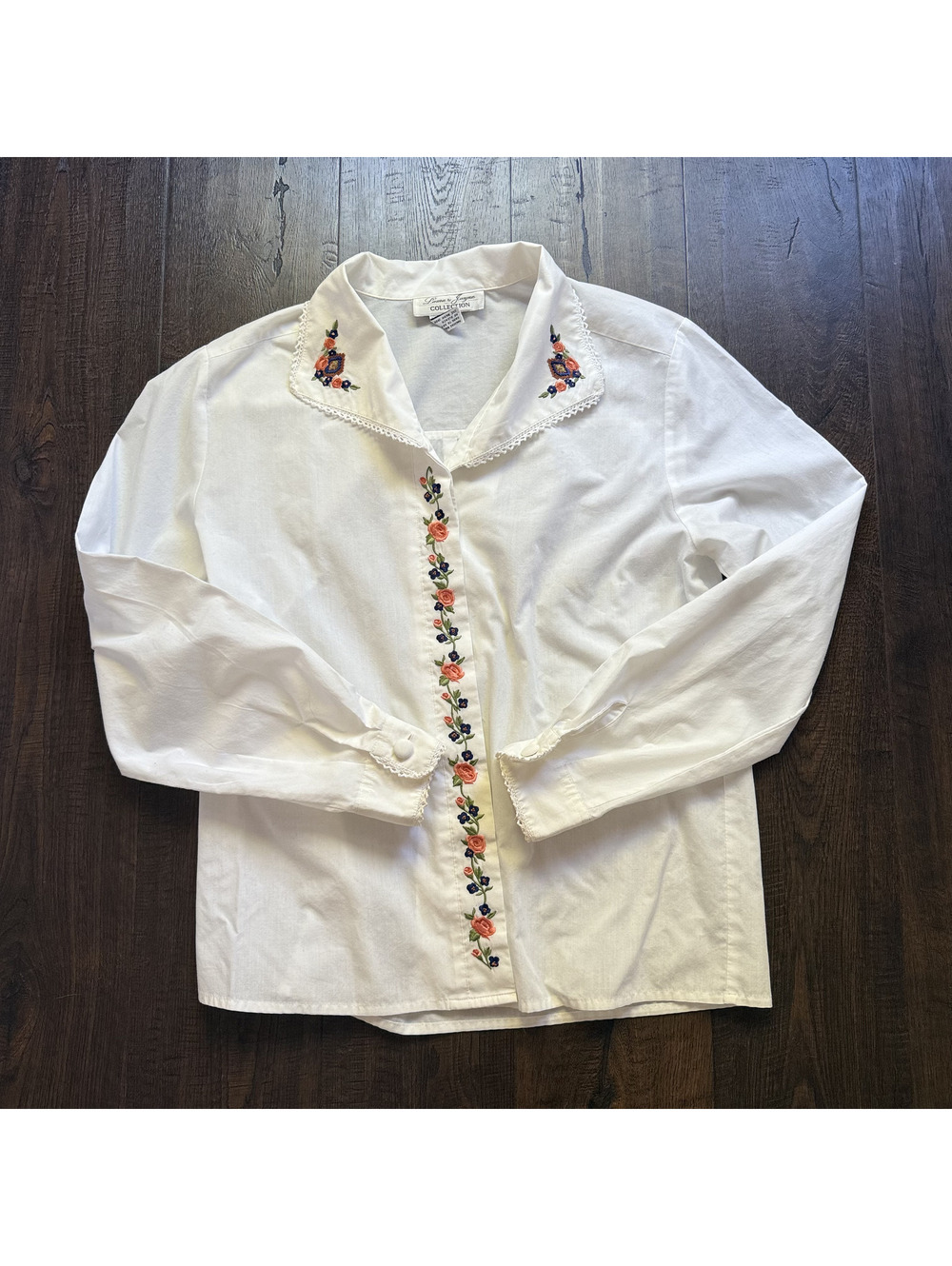 VTG 90s Laura & Jayne White Floral Embroidered Lace Collar Blouse Cottagecore